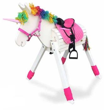 Kinder-Gartenpferd Set Holz-Einhorn Regenbogen